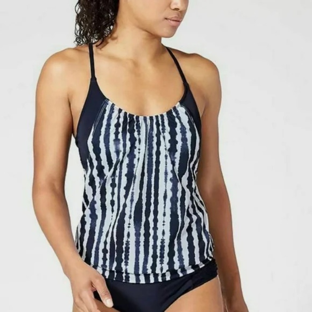 Athleta Wavebreak 32 D/DD Blue and White Tie Dye Blousy Tankini Swim TankTop